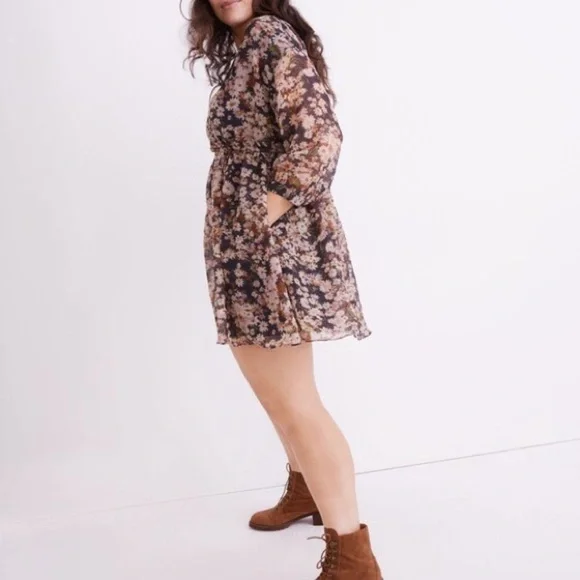 Madewell Floral Daisy Faux Wrap Mini Dress Long Sleeve Drawstring Waist large - Picture 5 of 10